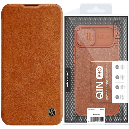 Nillkin Qin Leather Pro Case etui iPhone 14 Plus osłona na aparat kabura pokrowiec obudowa z klapką brązowy