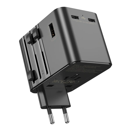 JELLICO uniwersalny adapter podróżny S9 PD 2xUSB-C + 1xUSB 3.4A Max 2500W Czarny