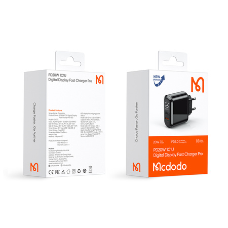 MCDODO SZYBKA ŁADOWARKA SIECIOWA DO TELEFONU 2X USB USB-C PD 20W MIERNIK