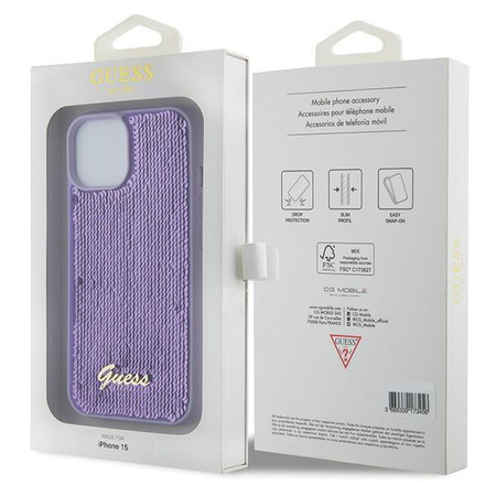 Etui Guess Sequin Script Metal na iPhone 15 - fioletowe