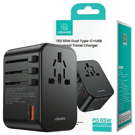 USAMS Adapter siec 1xUSB+2xUSB-C T62 65W4w1 US/AU/EU/UK czarny/black CC199TC01 (US-CC199) Univesal Travel Charger