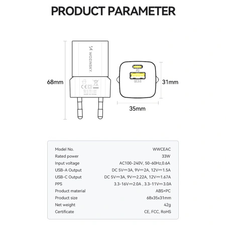 WOZINSKY ŁADOWARKA SIECIOWA USB-A USB-C DO TELEFONÓW 33W SZYBKIE ŁADOWANIE