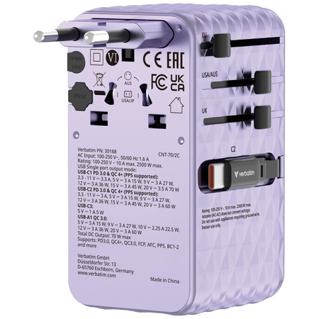 Verbatim Adapter podróżny EU/UK/US GaN   1xUSB-C/1xUSB-A/2xUSB-C PD 70W fioletowy 30188