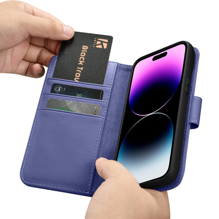 iCarer Wallet Case 2in1 etui iPhone 14 Pro skórzany pokrowiec z klapką Anti-RFID jasnofioletowy (WMI14220726-LP)