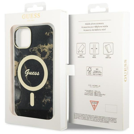 Etui Guess GUHMP14SHTMRSK na iPhone 14 - czarne Golden Marble MagSafe