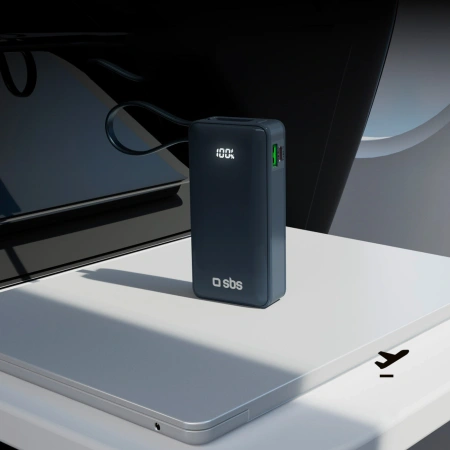 Powerbank SBS 10000 mAh 20W z wbudowanym kablem USB-C i wyświetlaczem cyfrowym - ciemnoszary