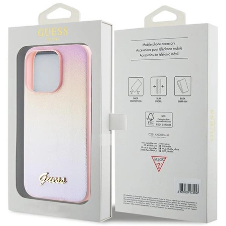 Etui Guess Saffiano Iridescent Script na iPhone 14 Pro - różowe