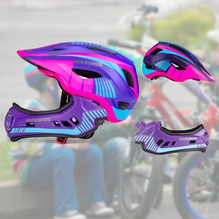 Kask rowerowy Rockbros TT-32SBPP-S dziecięcy z odpinaną szczęką rozmiar S - fioletowo-różowy