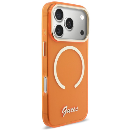 Etui Guess IML Script Metal MagSafe do   iPhone 17 Pro pomarańczowy