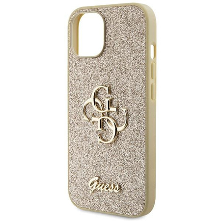 Etui Guess Glitter Script Big 4G na iPhone 15 - złote
