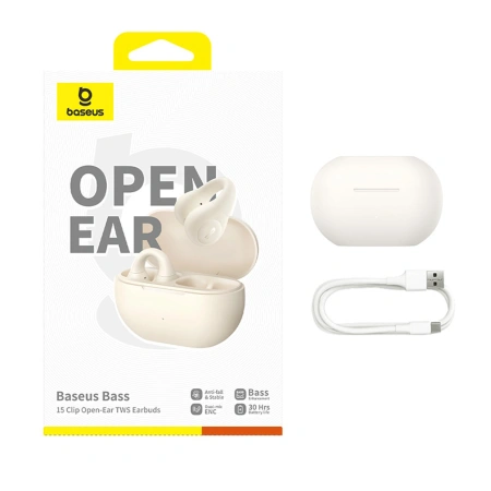 Słuchawki Baseus Bass 15 Clip OWS bezprzewodowe z kablem Baseus Simple USB-C 3A 30cm - białe