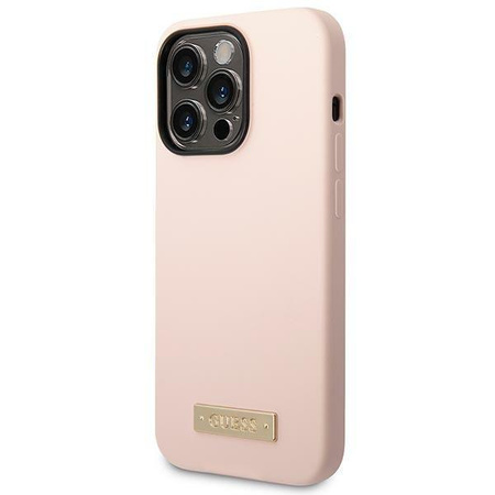 Etui Guess GUHMP14XSBPLP na iPhone 14 Pro Max - różowe Silicone Logo Plate MagSafe