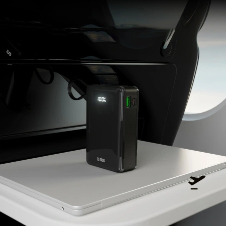 Powerbank SBS 20000 mAh 20 W z wbudowanym kablem USB-C i wyświetlaczem cyfrowym - czarny