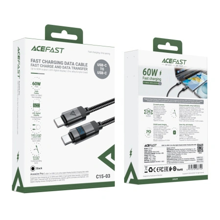 ACEFAST KABEL USB-C DO USB-C Z WYŚWIETLACZEM 66W 1.2M DO ŁADOWANIA S10 S20