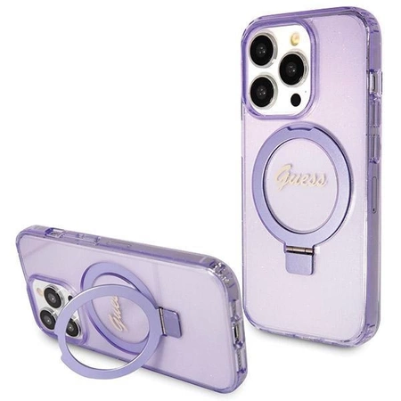 Etui Guess Ring Stand Script Glitter MagSafe na iPhone 14 Pro - fioletowe