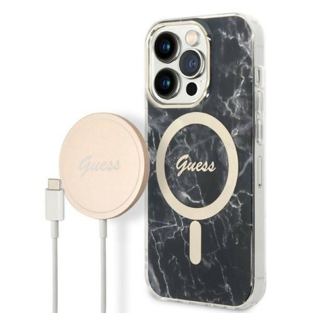 Guess zestaw ładowarka MagSafe + etui do iPhone 14 Pro Max 6,7" czarne Marble MagSafe (GUBPP14XHMEACSK)