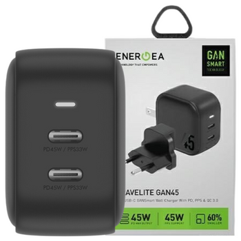 ENERGEA ład. siec. 2xUSB-C PD-PPS 45W2C czarny/black US+EU Travelite GAN45