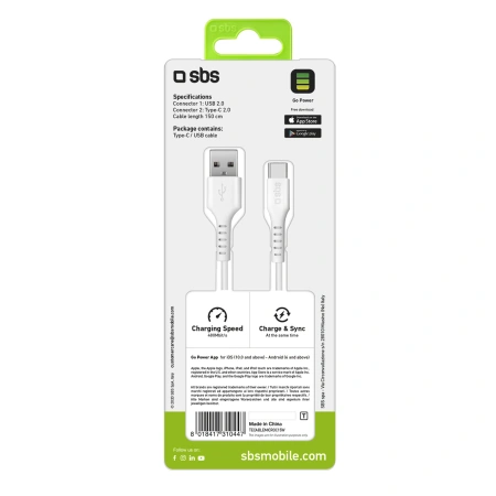 SBS KABEL USB-A DO USB-C 1,5M DO SMARTFONÓW ŁADOWANIE I TRANSFER DANYCH 15W