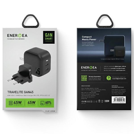 ENERGEA ład. siec. 2xUSB-C PD-PPS 45W2C czarny/black US+EU Travelite GAN45