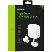 INNOSTYLE SUPER CUBE MOCNA SZYBKA ŁADOWARKA GAN PODRÓŻNA EU US UK AU 4X USB USB-C 100W BIAŁA