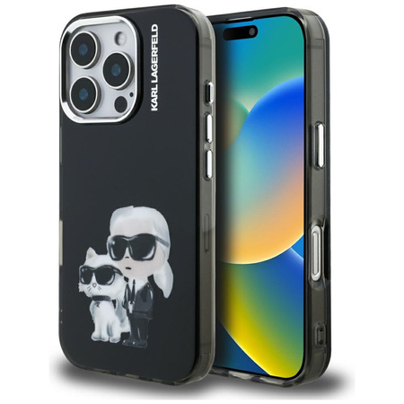 Etui Karl Lagerfeld IML Aquarelle Karl & Choupette & Logo do iPhone 16 Pro Max czarny