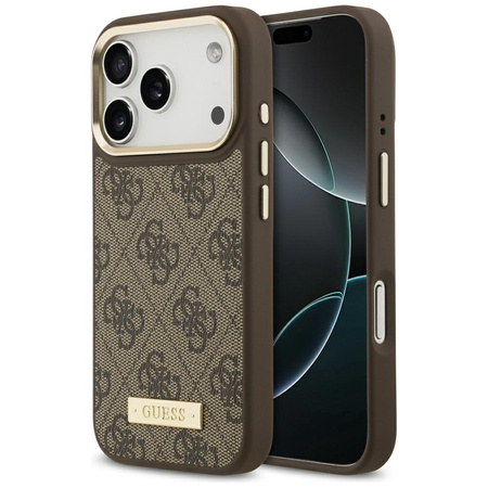 Etui Guess 4G Logo Plate MagSafe do iPhone 17 Pro brązowy