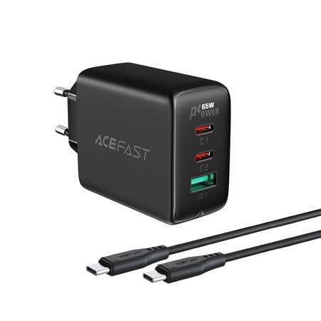 Acefast 2w1 ładowarka sieciowa 2x USB Typ C / USB 65W, PD, QC 3.0, AFC, FCP (zestaw z kablem) czarny (A13 black)