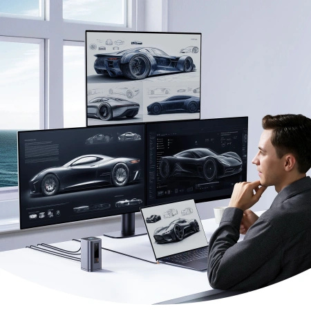 Stacja dokująca Baseus Spacemate RD1 hub 11w1 USB-C - 2xHDMI 4K@60Hz 2xDP 4K@60Hz 2xUSB-A 10Gb/s USB-C 10Gb/s RJ45 USB-A 480Mb/s USB-C PD mini jack 3.5mm ładowarka EU - szara