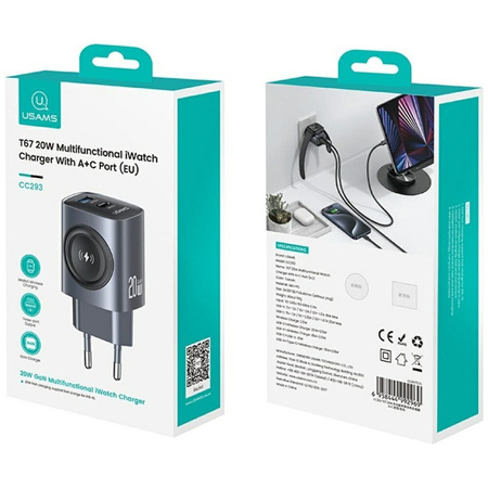 USAMS ŁADOWARKA SIECIOWA CC293 T67 DO APPLE IWATCH 1XUSB-C 1XUSB-A 20W