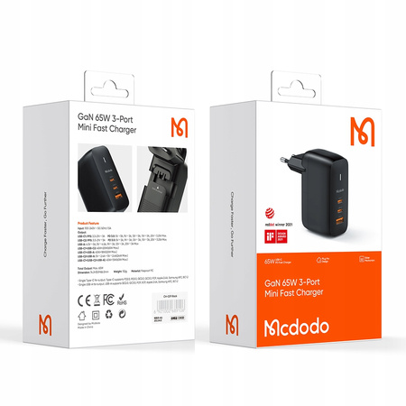 Ładowarka do laptopa, telefonu komórkowego, Mcdodo GaN 3.0 Szybkie ładowanie,  USB-C PD USB-A 65W