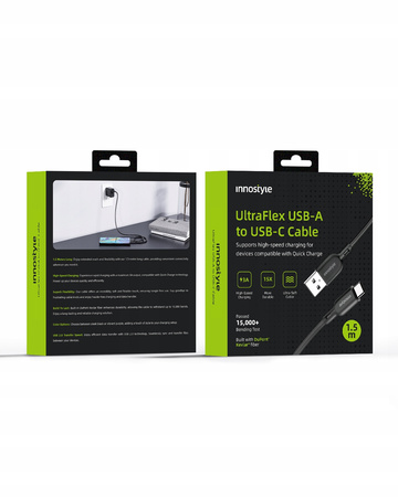 INNOSTYLE ULTRAFLEX KABEL USB-C SZYBKIE ŁADOWANIE DO IPHONE SAMSUNG QC 4.0 KEVLAR 2M CZARNY