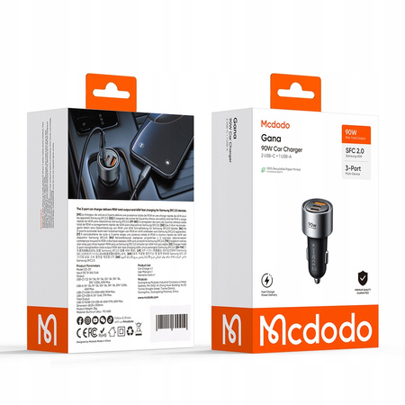 MCDODO SZYBKA ŁADOWARKA SAMOCHODOWA DO TELEFONU LAPTOPA 2X USB-C USB-A 90W