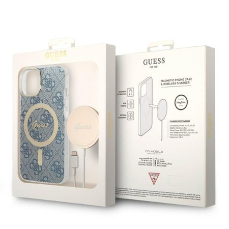 Guess zestaw ładowarka MagSafe + etui do iPhone 14 Plus 6,7" niebieskie 4G Print (GUBPP14MH4EACSB)