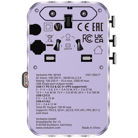 Verbatim Adapter podróżny EU/UK/US GaN   2xUSB-C/2xUSB-A/1xUSB-C PD 100W fioletowy 30193