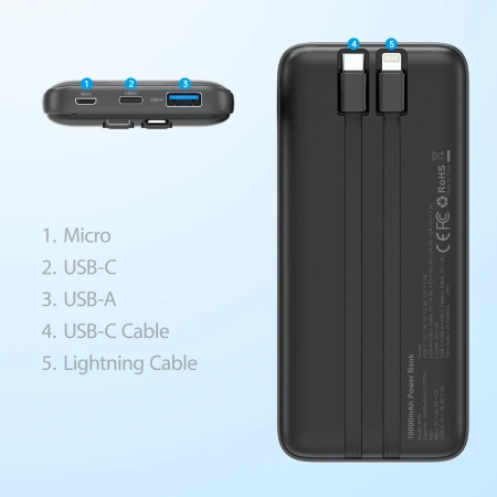 CHOETECH POWERBANK B654 10000MAH DO MICRO USB DO LIGHTNING Z WBUCZONYM