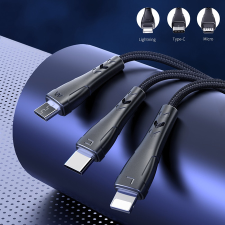 Kabel do telefonu 3w1 Mcdodo z obsługą Car Play i Android Auto do iPhone, Micro USB, USB-C QC 4.0+ 1,2 m