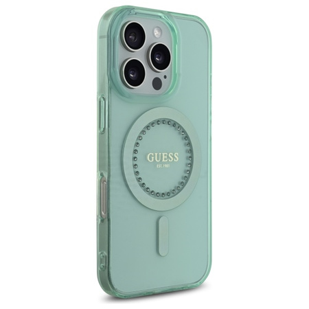 GUESS ETUI HARDCASE DO IPHONE 16 PRO 6.3 DO MAGSAFE IML RHINESTONES ZIELONE