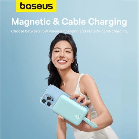 Powerbank Baseus Magnetic Mini MagSafe 10000mAh 20W z wbudowanym kablem Lightning - niebieski + kabel Baseus Simple Series USB-C - USB-C 60W 0.3m