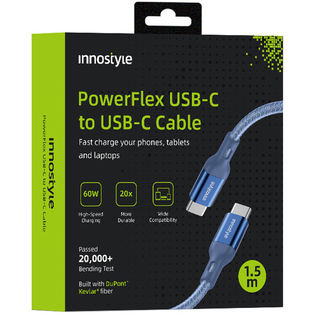 INNOSTYLE POWERFLEX KABEL USB-C SZYBKIE ŁADOWANIE DO IPHONE SAMSUNG 3A 60W KEVLAR 2M CZARNY