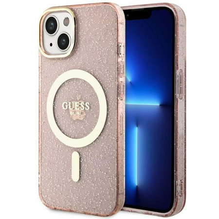 Etui Guess GUHMP14MHCMCGP na iPhone 14 Plus 6.7" - różowe Glitter Gold MagSafe