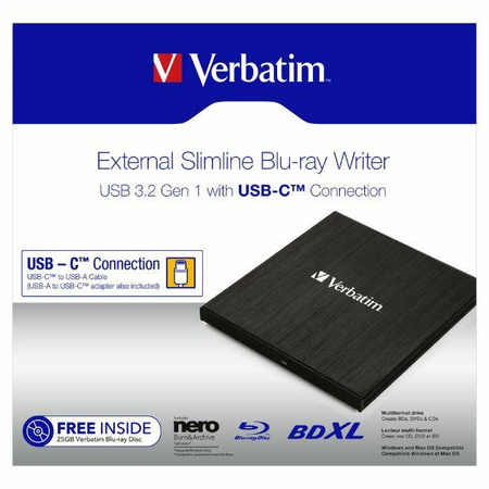 Verbatim Zewnętrzna nagrywarka SlimlineBlu-ray + kabel USB-C/USB-A czarny/black 43889