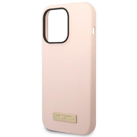 Etui Guess GUHMP14XSBPLP na iPhone 14 Pro Max - różowe Silicone Logo Plate MagSafe