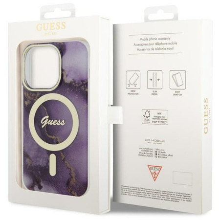 Etui Guess GUHMP14LHTMRSU na iPhone 14 Pro purpurowy/purple hardcase Golden Marble MagSafe