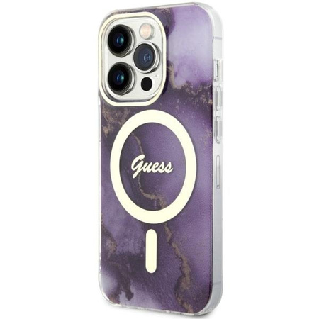 Etui Guess GUHMP14LHTMRSU na iPhone 14 Pro purpurowy/purple hardcase Golden Marble MagSafe