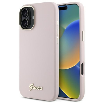 GUESS ETUI HARDCASE DO IPHONE 16 6.1 SILIKONOWE SCRIPT METAL LOGO RAMKA