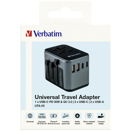 VERBATIM ADAPTER PODRÓŻNY DO EUROPA UK USA 2xUSB-A 2xUSB-C PD 30W DO IPHONE