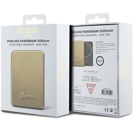 Powerbank indukcyjny Guess MagSafe Metal Script Logo 15W 5000mAh - złoty