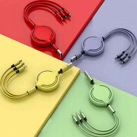 KABEL USB 3W1 ZWIJANY USB-C DO IPHONE MICRO USB TYP C ŁADOWARKA PŁASKI 1M