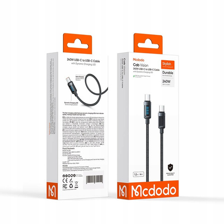 MCDODO KABEL USB-C USB-C SZYBKIE ŁADOWANIE USB TYP C PD 240W 1M LED CZARNY