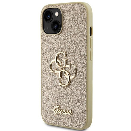 Etui Guess Glitter Script Big 4G na iPhone 15 - złote